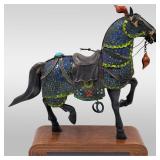 Chinese Enamel On Silver Horse With Turquoise And Coral On Wooden Stand