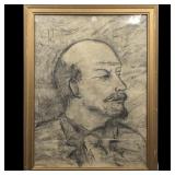 Large Framed Artist Signed Charcoal Sketch Of Lenin, Early-Mid 20th Century