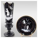 Pair Of Art Deco Black Amethyst Glass And Hand Painted Enamel Pieces By Mary Gregory (1856-1908)