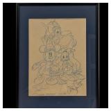 Signed American Visual Artist Len Smith Disney Puzzle Concept Drawing Of Mickey, Donald, And Goofy