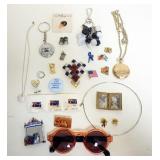 1183	ASSORTED JEWELRY GROUP INCLUDING PINS, LOCKET, PERRY ELLIS SUN GLASSES, SCASSI GEMSTONE PIN MIS