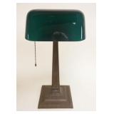 1211	ANTIQUE EMERALITE BANKERS DESK LAMP WITH ORIGINAL GREEN CASED GLASS SHADE, APPROXIMATELY 19 IN 