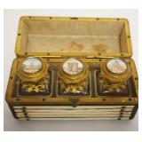 1025	PERFUME CARVED BOX W/3 BOTTLES HAVING GILT METAL HINGED LIDS & HAND PAINTED POCELAIN INSET TOPS