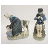 1040	ROYAL COPENHAGEN FIGURES, WOMAN FEEDING COW & YOUNG BOY CARVING FISHING ROD, TALLEST APROXIMATE