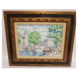 1205	OIL PAINTING ON CANVAS CONTINENTAL WATER WAY SCENE ARTIST SIGNED, APPROXIMATELY 21 IN X 25 IN O