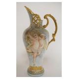 1018	GERMAN PORCELAIN HAND PAINTED EWER W/IMAGES OF CHERUB & ROSES, GILT ACCENTS & TRIM, RETICULATED