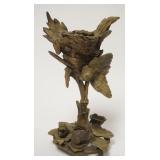 1071	BRONZE SCULPTURE, BIRDS NEST WITH BIRD AND MOUSE ON LEAF BASE LOOKING UP, APPROXIMATELY 9 IN H