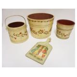 1239	FLORAL HAND PAINTED WOODEN BUCKETS & HAND PAINTED CUTTING BOARD W/RABBITS UNDER AN UMBRELLA, TA