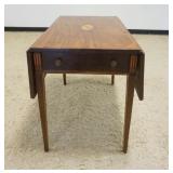 1085	ANTIQUE MAHOGANY INLAID 2 DRAWER DROP LEAF TABLE WITH 1 DRAWER ON EITHER SIDE, CLOSED APPROXIMA