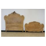 1096	FRENCH PROVINCIAL QUEEN SIZE HEAD BOARD AND FOOT BOARD, WITH ORNATE CARVED CRESTS, MISSING RAIL