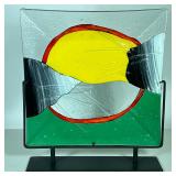 ART GLASS PLATTER | Colorful art glass platter depicting sunrise over a lake with hills in metal fra