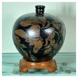 GLAZED VASE | Black glazed vase with floral & fauna designs. - h. 8 x dia. 6.5 in