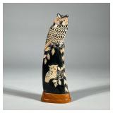 CARVED HORN OWL | Mounted animal horn with owl figurine carved onto top. - h. 110 x w. 2.5 x l. 4 in