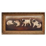 AMERICAN SCHOOL FOLK ART PUPPIES (20th Century) | Puppies looking at a spider. Oil on board. 10 x 24