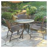 (4pc) Brown Jordan Table & Chairs | Outdoor dining suite comprising a round table and three armchair