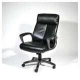 BLACK LEATHER OFFICE CHAIR | Padded faux leather seat with armrests. - h. 42 x w. 27 x d. 30 in