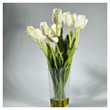 FAUX FLORAL ARRANGEMENT | Having fabric flowers in acrylic "water" in a square glass vase. - h. 26 x