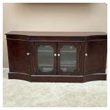 BREAKFRONT CREDENZA CABINET | Media console cabinet, having two cabinet doors centering two glass fr