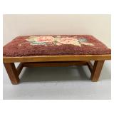 Latch-Hook Footstool | Wooden foot stool with floral fabric design, appears to be latch-hook. - h. 7