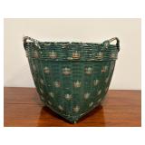 Green Wicker Basket | Hand-painted green wicker basket with side handles. - h. 13 x w. 18 in