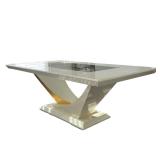 CONTEMPORARY DINING TABLE | Faux marble style modern dining table with inset glass top over a sculpt