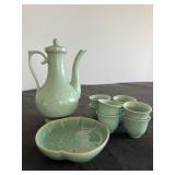 MHT062- Vintage Celadon Porcelain Ewer, Tea Cups & Small Dish