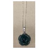 MMM044 Carved Jade Rose Pendant & 17” Sterling Silver Chain New