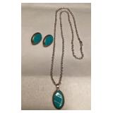 MMM081 Sterling Silver Turquoise Earrings & Pendant On Chain 