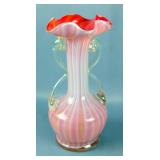 Vintage Murano Art Style Glass Vase With Double Handle And Ruffled Edge, 9"