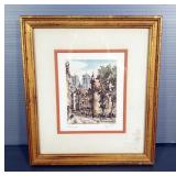 European Street Scene Print, Framed Under Glass, Illegible Artist Signature, 11" x 9.5" 