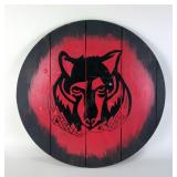 Norman Nasal Steel Helmet, Wood Shield With Wolf Image, 23" Diameter, And Saucer Sled Used As Reenac