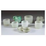 Eight Chinese Jade & Jadeite Bird Feeders and Water Containers