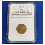 1881 $5 AU58 GOLD LIBERTY HEAD