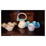 Vintage Kanawha Glass Leaf Design Blue Cased Glass Milk Glass Basket Ruffled Rim & Bowl