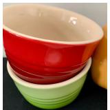 Variety of Colorful Custard Cups, Including Le Creuset and Apilco