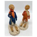 Pair Artisan Hand Carved Wood Skiers - Unsigned