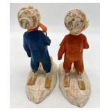 Pair Artisan Hand Carved Wood Skiers - Unsigned