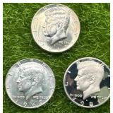 Lot of 3 Kennedy Half Dollars (40% silver & proof & BU)