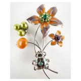 Beautiful, Multicolored Enamel & Rhinestone Ladybug & Flower Base Metal Brooch.