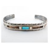 Nastachio (Zuni?) Turquoise Inlaid Sterling Silver Cuff Bracelet. Missing Stones