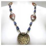 Ornate Old Tibetan Bone Pendant Necklace w/Amber & Lapis