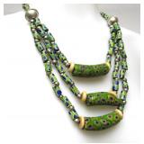 Large 3-Strand Necklace w/Antique Green Venetian Millefiori Trade Beads