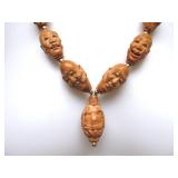 Excellent Vintage Hand Carved Oriental Olive Nut Lohan Buddha Head Necklace