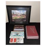 BASEMENT - Sports Memorabilia Lot - Framed Photos, Cribbage Board & Playing Cards
