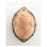 ***VINTAGE***  Coral Cameo 10k yellow gold pin/pendant. LOW RESERVE!