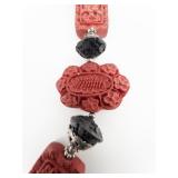 AMY KAHN RUSSELL Red & Black Cinnabar With Carved Birds & Sterling Silver Accents Statement Necklace.