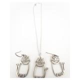 Doll Face Cat Outline Sterling Silver Pendant Necklace & French Wire Earrings .