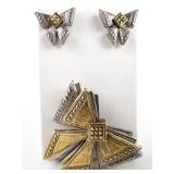 AVON Matching Silver & Gold Tone Bow Base Metal Brooch & Stud Earrings.