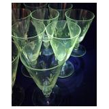 Set of 11 Uranium Glass Etched Glass Drinkware