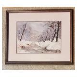 Framed Watercolor, Lovely Winter Scene - Streams and Woods by Vi Webb